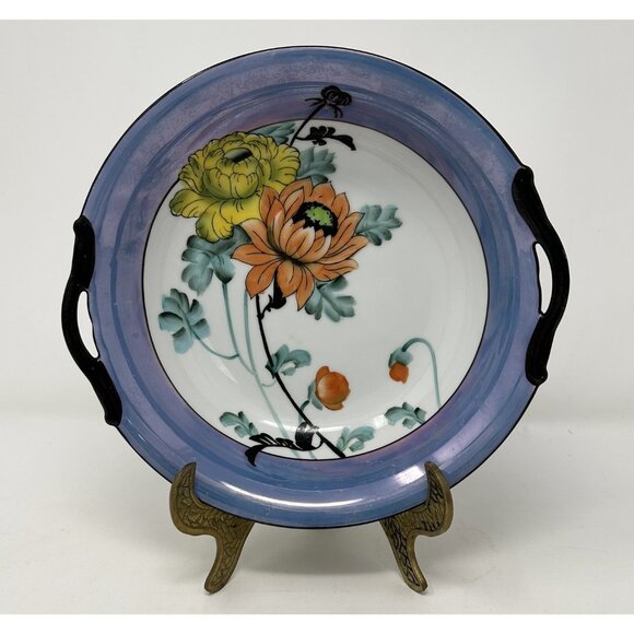 NORITAKE MORIMURA TWO HANDLED SERVING BOWL Floral Art Deco Blue Luster Ware - Picture 1 of 15